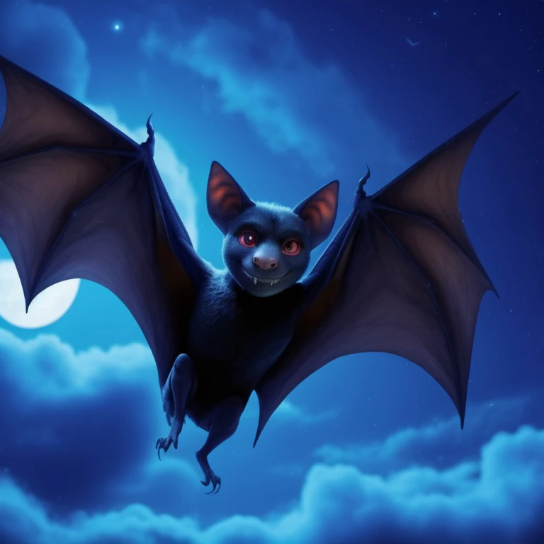 solo, male, batdrac, vampire bat, black fur, membranous wings, fangs, pink sclera, red eyes, colored sclera, smile, full-length portrait, flying, spread wings, tiny feet, body fur, glowing outline, backlighting, full moon, night, starry sky, cloudy sky, half-closed eyes, looking at viewer, masterpiece, extreme detail, perfect lighting, cgi, chibi, tiny body