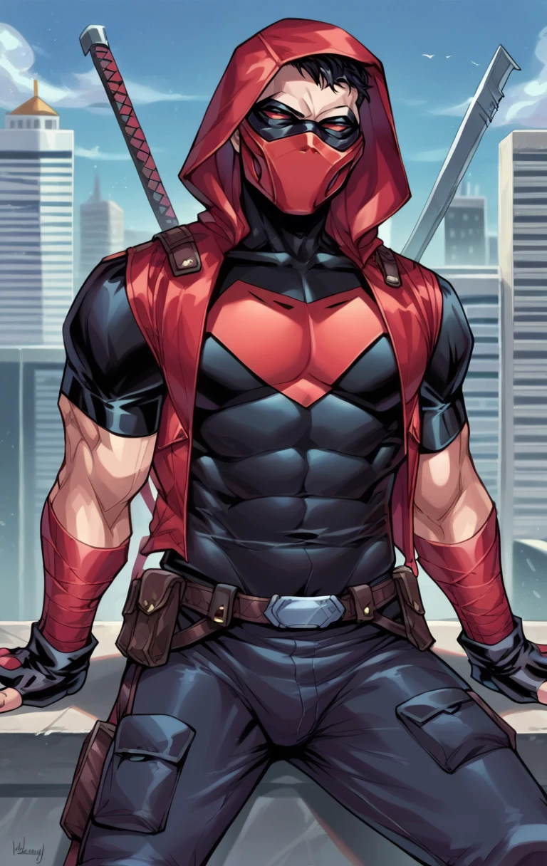 score_9,score_8_up,score_7_up BREAK <lora:RedHoodOutlaw:1>,RedHoodOutlawSDXL,solo,shirt,gloves,1boy,jacket,male focus,black gloves,belt,pants,hood,fingerless gloves,bodysuit,mask,muscular,pectorals,muscular male,hood up,pouch,superhero,weapon on back,city, sitting,
