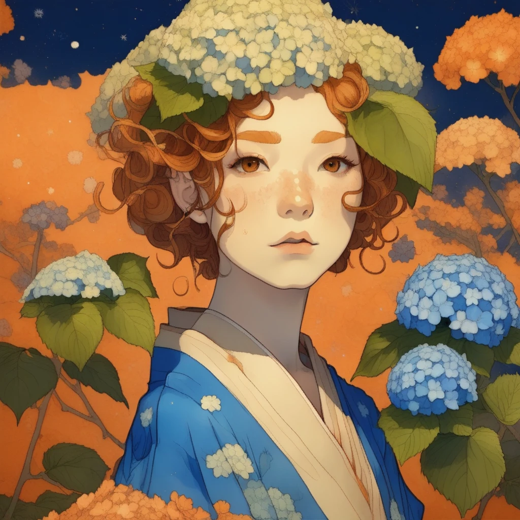 flower, hydrangea, orange kimono, orange eyes, collarbone, looking up, kimono, constellation, orange background, solo, brown hair, blue flower, freckles