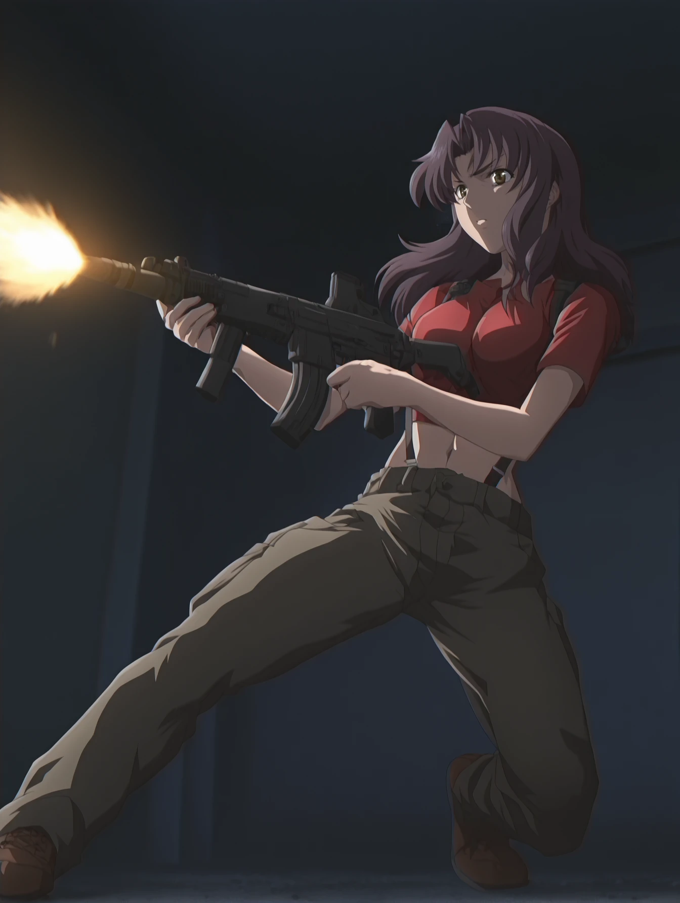 <lora:anime-poster-v2-illustrious-000030:1> <lora:dark-shell-illustrious-000006:0.7> 1girl, solo, tomoko, red shirt, crop top, suspenders, pants, assault rifle, attack, muzzle flash, indoors, night, dramatic lighting, cinematic lighting, masterpiece, best quality