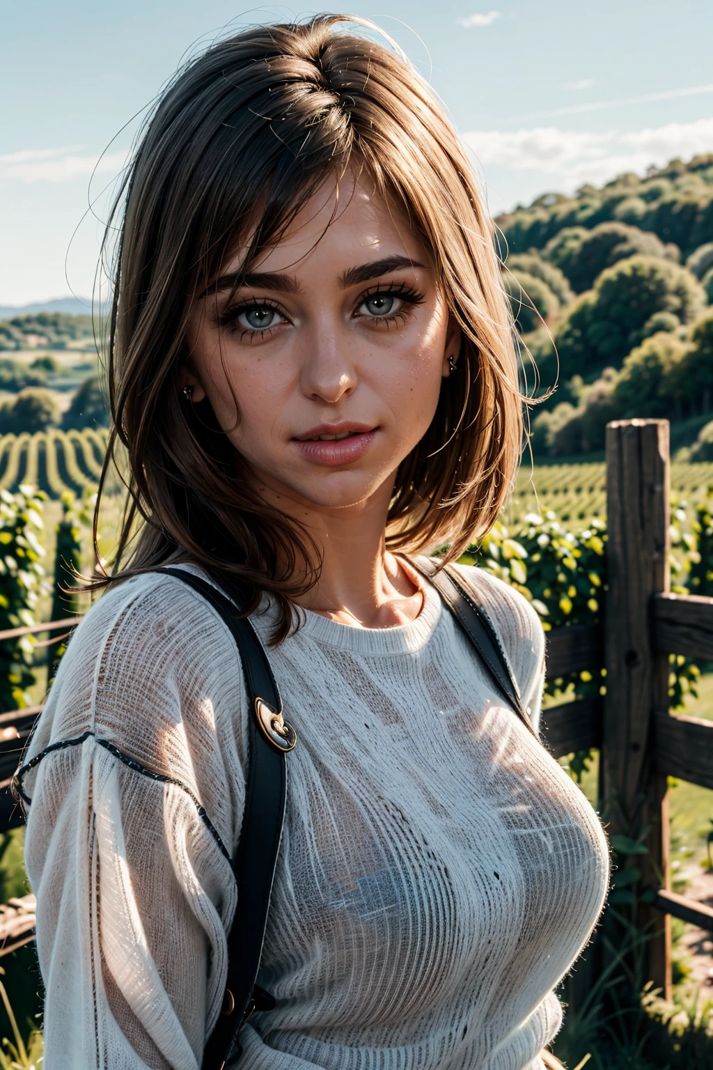 masterpiece, high resolution, cinematic, absurdres, photorealistic, realistic. A captivating cowboy shot of sexy rlyrd, Riley Reid, <lora:riley_reid_LoRA_0.1-000006:1>, erotic smile, wavy long hair, wearing a red sweater, and denim shorts, small breasts, in a rustic French vineyard, sunny day, blue sky. hiking with Riley Reid, perfect shadows, perfect lighting, <lora:Beautiful outdoor-Countryside:0.5>. perfect hands, detailed hands. <lora:lora_perfecteyes_v1_from_v1_160:0.7>, grey eyes, photo of perfecteyes eyes, perfecteyes eyes