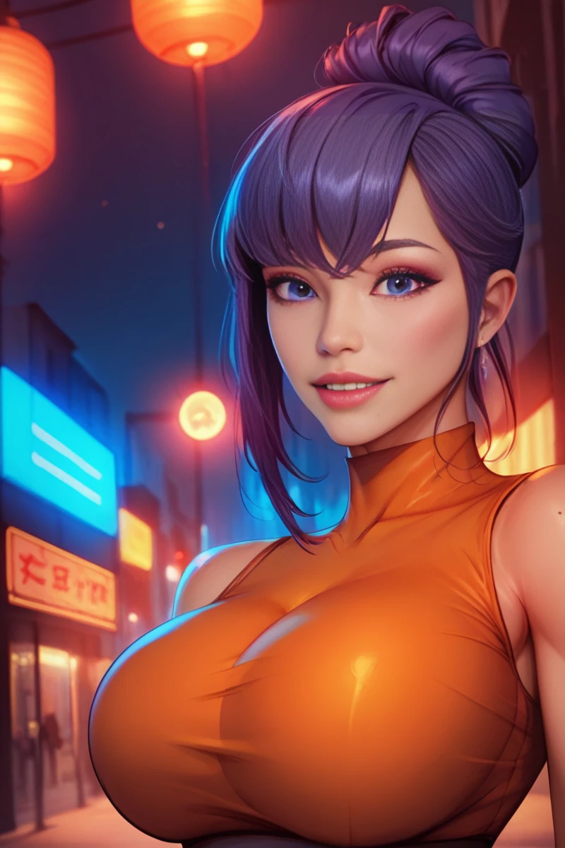 score_9, score_8, score_7, high quality, 1 woman, <lora:MiSookDove:1>, MiSookDove, choppy bangs, dark purple hair, high bun, perfect eyes, large breasts, natural beauty, sexy body, orange dress, looking at viewer, city street, late at night, realistic, high quality face, zPDXL2