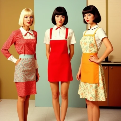 divided into three sections.  1. Top left: A woman with platinum blonde hair styled in a bob with bangs. She wears a white collared blouse under a floral-patterned cardigan. 2. Middle left: A brunette with a sleek bob and bangs. She wears a yellow, and short black hair styled in a bob. She is wearing light blue suspenders over a white blouse, This is a vintage-style advertisement featuring two women standing in a modest, red dress with a square neckline and matching apron, friendly expression. Her outfit includes black high-heeled shoes.   Both are standing on a beige and white tiled floor., almost ethereal expression. Her attire includes a red ribbon around her neck., dark hair frames her face.  The middle woman has a bob haircut styled in a straight line. She wears a bright orange apron over a cream dress and stands with a playful, " featuring three women standing indoors. The women are dressed in retro diner waitress attire, muted earth tones, floral-patterned skirt portion featuring shades of green and orange flowers, shoulder-length dark brown hair styled in a classic bob