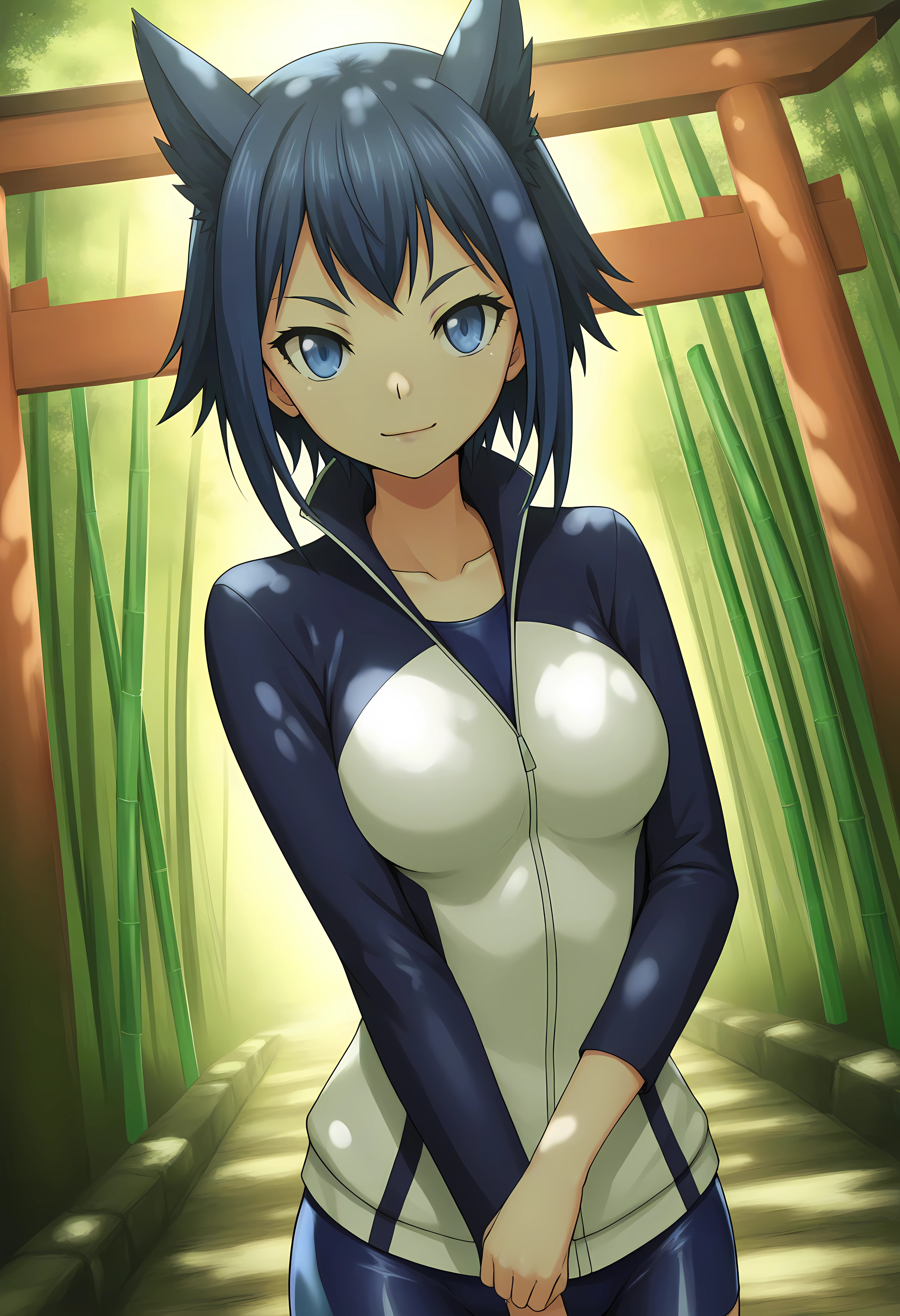 looking at viewer, shiny skin, upper body, light smile,ohwx, short_hair, blue_hair, 1girl, blue_eyes, breasts, black_hair, animal_ears, medium_breasts, long_hair, large_breasts,bike_shorts, male_focus, jacket, shorts, Old wooden torii gate in a dense bamboo grove, soft filtered sunlight, mysterious and serene atmosphere,<lora:rin_rokudou_illustrious_sobsynapse-000002:1>