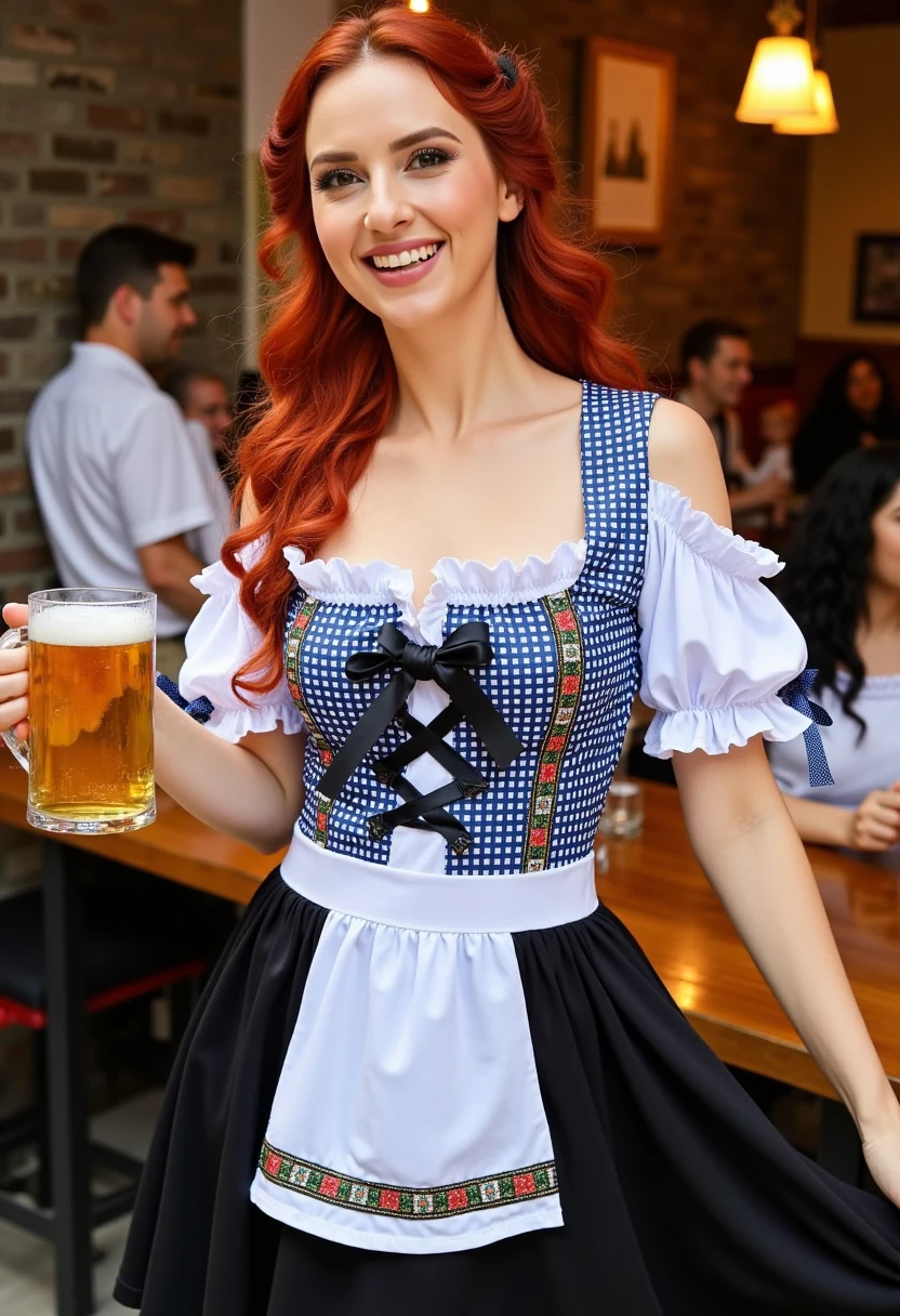 The image is a photograph of a woman with long red curly hair dressed in a traditional Bavarian-style dirndl, a traditional German dress. The dirndl is a festive, colorful outfit with a blue and white gingham pattern on the bodice, featuring a black ribbon with a bow at the center. The bodice is fitted and has short, puffed sleeves with ruffles at the shoulders. The neckline is low and square-cut. She is carrying beer mugs, outdoors bar, Germany