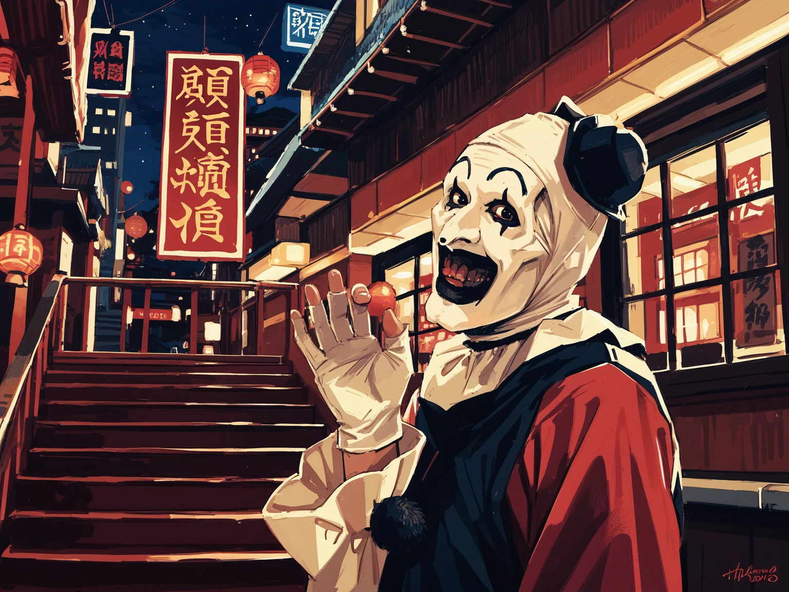 <lora:ArtTheClownN:0.8>, art_costume, art_the_clown, <lora:art_the_clown:0.35>, black eyes, male focus,
stairs, chinese interior, outdoors, red wood, japanese lantern, solo, city, loaded interior, upper body, red theme, night, from below, from side, smile, close-up, hand up,
, 5_fingers, <lora:MandradjievRassstrovV2:0.8>, zPDXL3