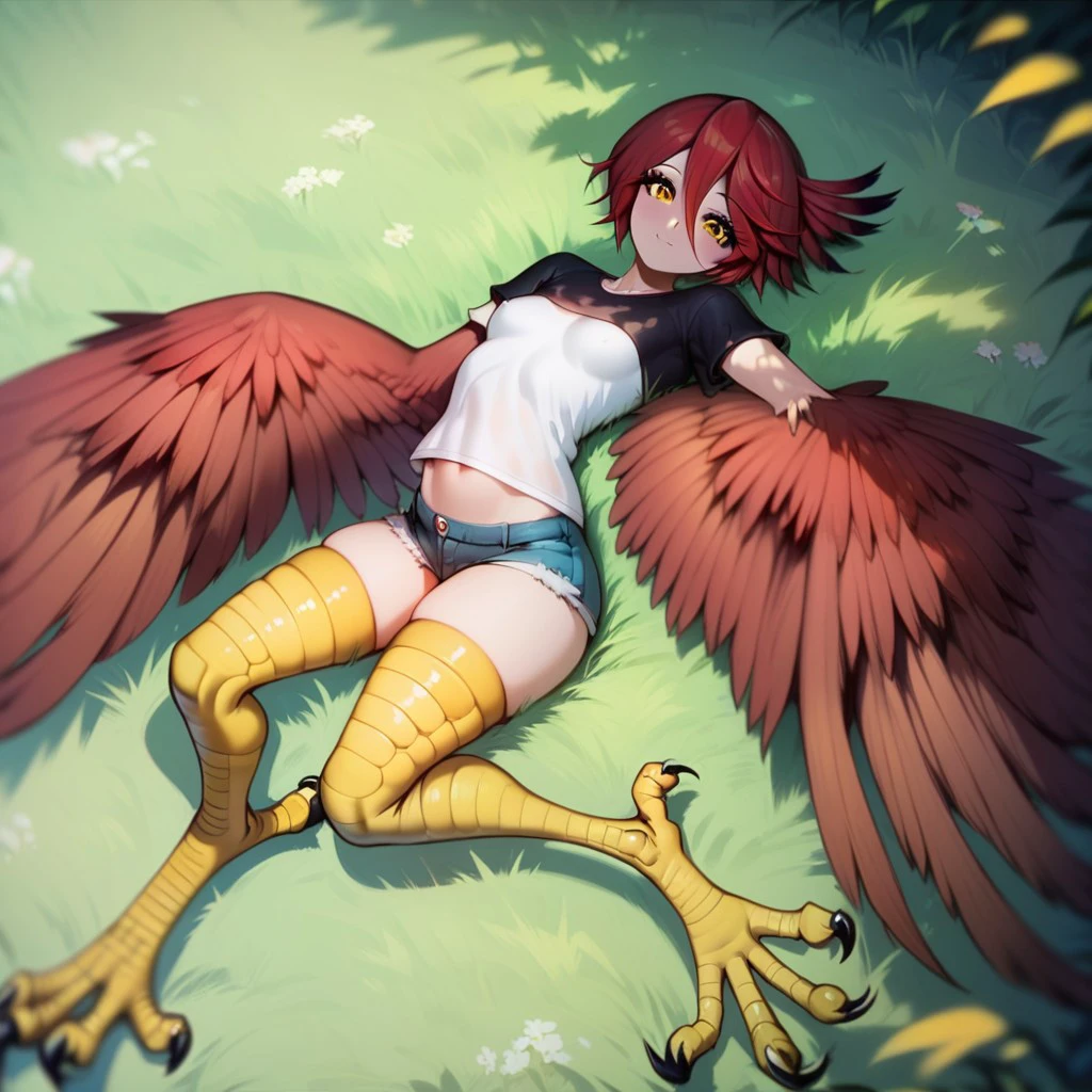1 girl, harpy, White shirt, whole body, outdoor, ((naked)), ((visible pussy)), (sitting having breakfast)