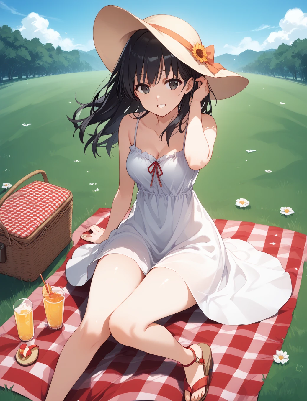 alone, One girl、 Hair Ribbon, Pink tie, (White dress), picnic、Red Eyes、Black Hair、(blush:1.5)、(Very smiling:1.4)、Slightly larger breasts、Wearing a straw hat、Sitting