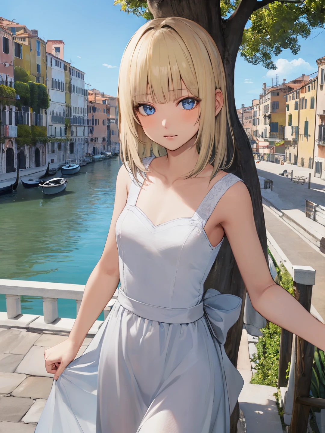 <lora:Lunafrena_L_0Rv2:0.6>
lunafrena-l, blue eyes, blonde hair, medium hair, small breasts
white dress, sleeveless
masterpiece, best quality, ultra-detailed, detailed, detailed skin, absurdres, 8k, digital art
1girl, solo, facing viewer, looking at viewer, standing, cowboy shot
(outdoors, fantasy, venice, stone floor, tree, flower bed, canal)