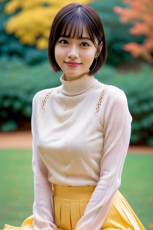 Top quality, 1 beautiful woman, super short Hair, gold hair, wearing skirt, shy-smile, Sunlight, at school, high school student