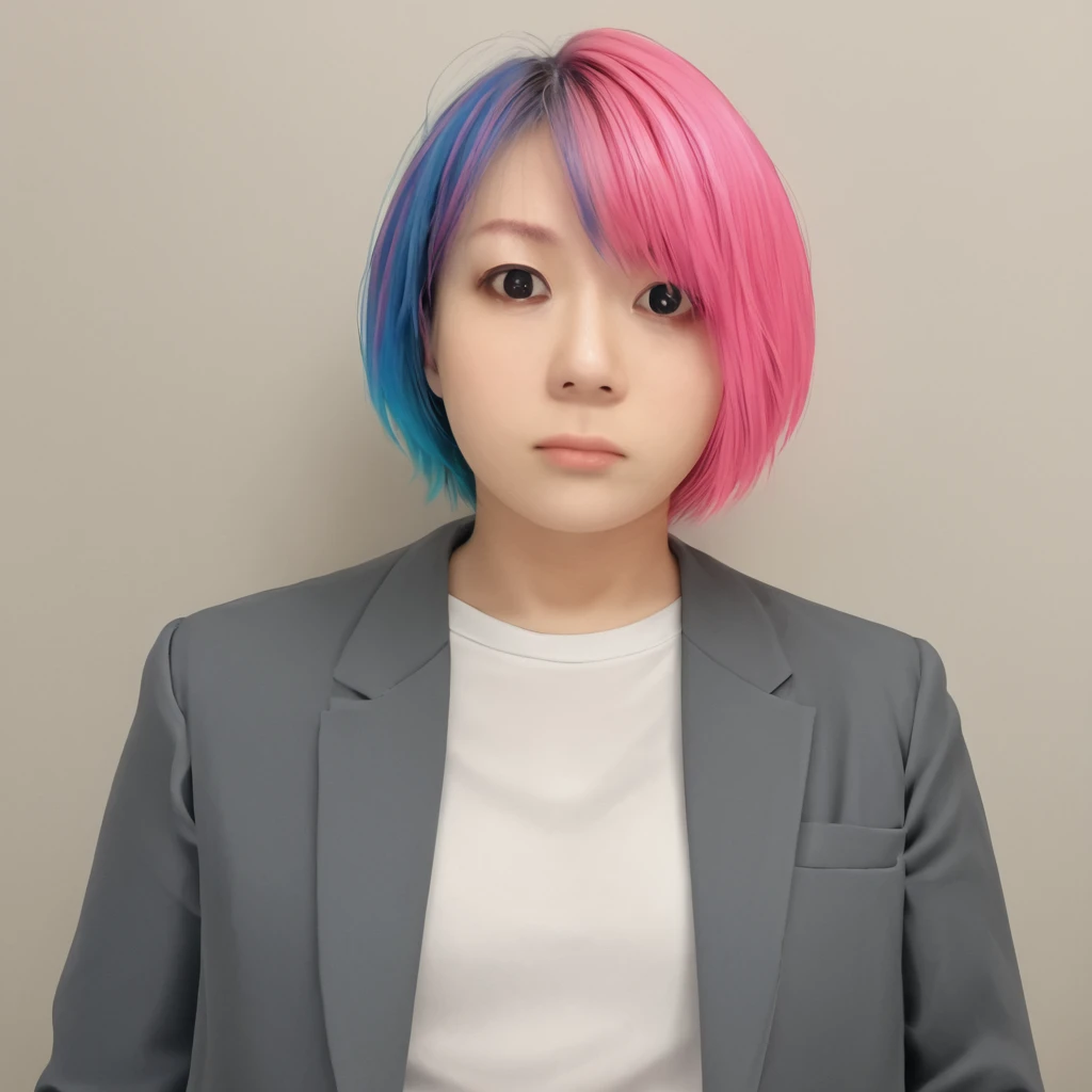 masterpiece, best quality,  <lora:Pony_Asuka_-_WWE_Superstar:1>, @suk@, 1girl, solo, pink hair, multicolored hair, short hair, looking at viewer, realistic, shirt, two-tone hair, closed mouth, blue hair, white shirt, upper body, black eyes, suit jacket