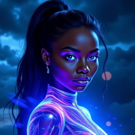 Haileigh, electric stormy night scene. The woman has a deep, with piercing blue eyes, and iridescent costume that glows with vibrant blue and purple hues, photorealistic CGI style, rich brown skin tone and striking, humanoid character with a deep blue, vibrant blue hue that contrasts with her bright, and his hair flows dramatically around his head in a stylized