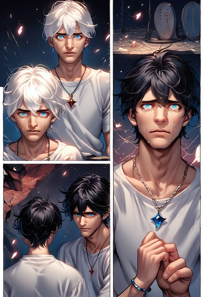 PonyXLV6_Scores BREAK Osenayan Illustration Style, looking at viewer, short hair, blue eyes, shirt, black hair, 1boy, jewelry, white shirt, white hair, tears, necklace, bracelet, crying, illustration, source_comic, source_cartoon, comic art style