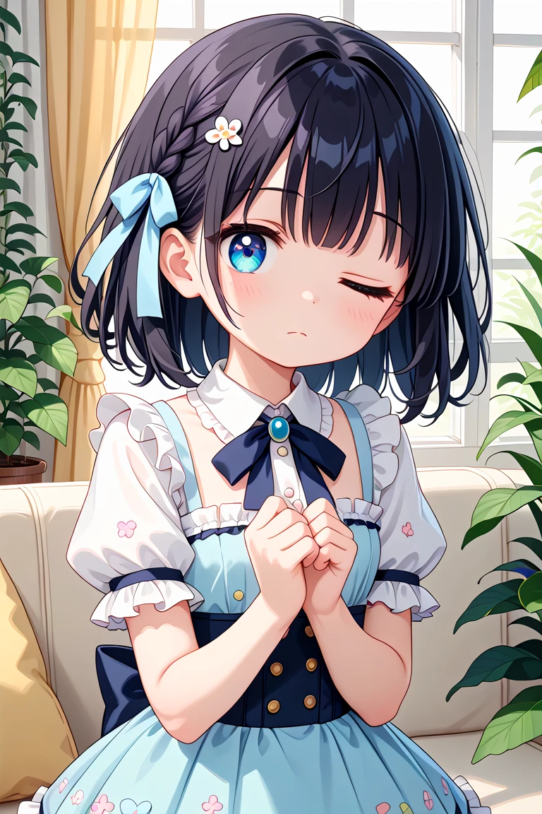 newest, masterpiece, best quality
BREAK
score_9, score_8_up, score_7_up, score_6_up, score_5_up, score_4_up
BREAK
cute round face, slender, kawaii, ultra cute girl, ultra cute face, ultra detailed eyes, ultra detailed hair, ultra beautiful,
1girl, solo,
Intricate details, Extremely detailed, Outstanding intricacies, Absurdres absolutely resolution, Serene atmosphere,
(Portrait, Face focus, shooting from front:1.2),
expressionless, closed mouth, Looking at viewer, one eye closed,
medium hair, black hair,
White ruffled blouse, saxe-blue ribbon tie, short ruffled sleeves and long layerd skirt,
Fashionable cafe living room, Decorative plants, Pastel cute sofa, Pastel cute curtains, Pastel cute wallpaper
<lora:wink2_left_xl_v10:1>