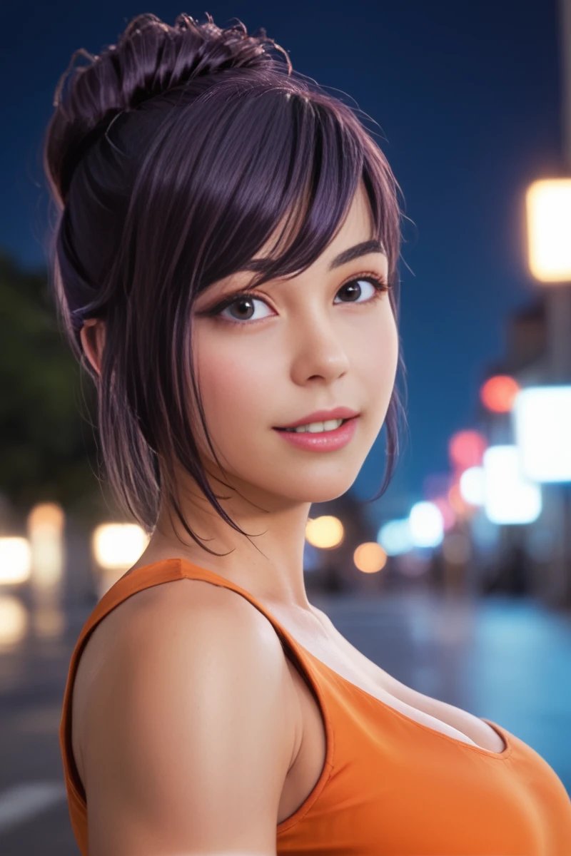 score_9, score_8, score_7, high quality, source_manhua, 1 woman, <lora:MiSookDove:1>, MiSookDove, choppy bangs, dark purple hair, high bun, perfect eyes, large breasts, natural beauty, sexy body, orange dress, looking at viewer, city street, late at night, high quality face, zPDXL2