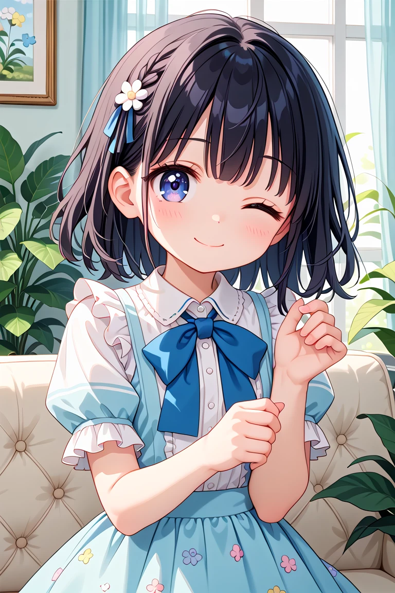 newest, masterpiece, best quality
BREAK
score_9, score_8_up, score_7_up, score_6_up, score_5_up, score_4_up
BREAK
cute round face, slender, kawaii, ultra cute girl, ultra cute face, ultra detailed eyes, ultra detailed hair, ultra beautiful,
1girl, solo,
Intricate details, Extremely detailed, Outstanding intricacies, Absurdres absolutely resolution, Serene atmosphere,
(Portrait, Face focus, shooting from front:1.2),
smile, closed mouth, Looking at viewer, one eye closed,
medium hair, black hair,
White ruffled blouse, saxe-blue ribbon tie, short ruffled sleeves and long layerd skirt,
Fashionable cafe living room, Decorative plants, Pastel cute sofa, Pastel cute curtains, Pastel cute wallpaper
<lora:wink1_left_xl_v10:1>