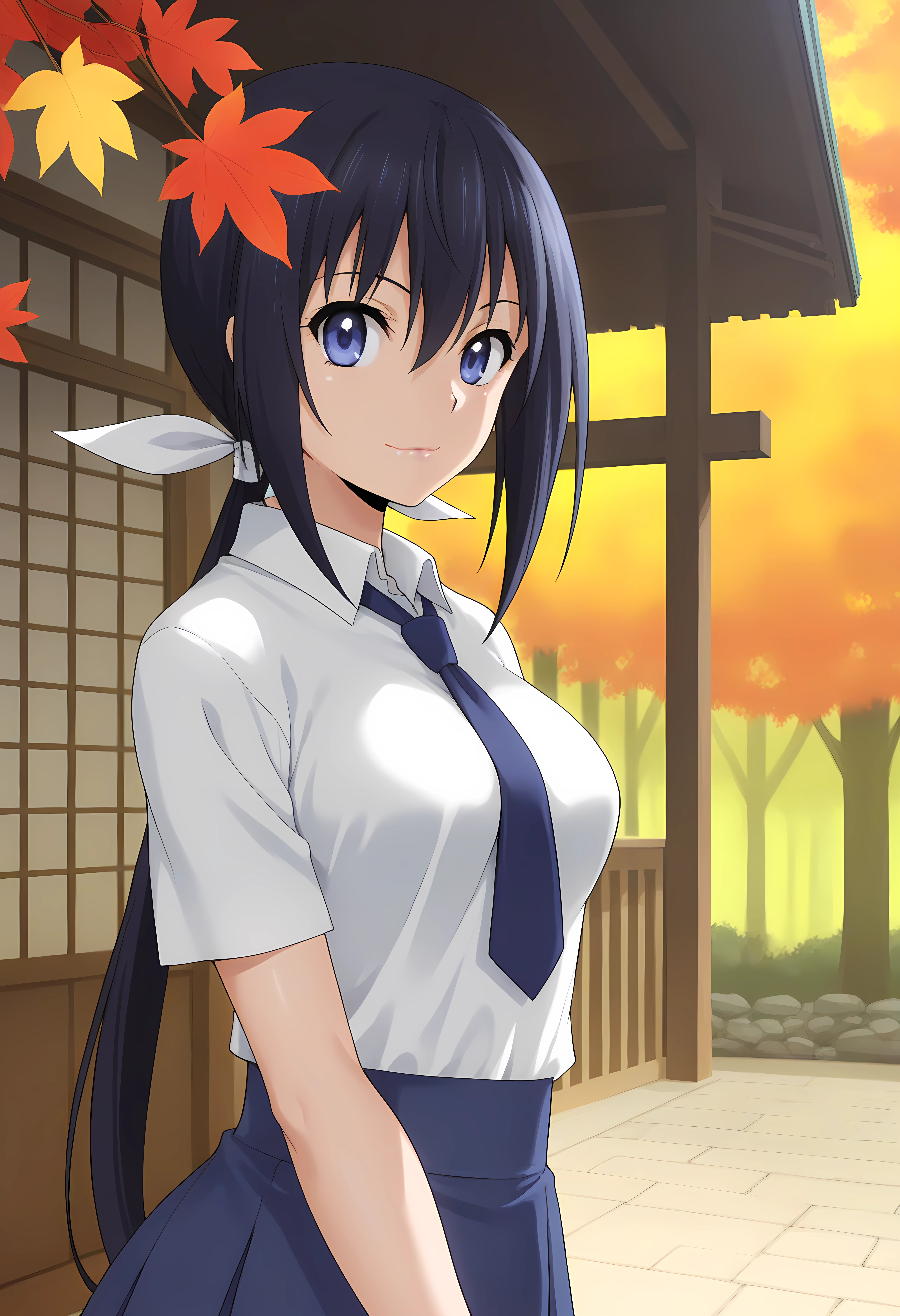 looking at viewer, shiny skin, upper body, light smile,ohwx, black_hair, 1girl, long_hair, ponytail, ribbon, blue_eyes, hair_ribbon, breasts, purple_eyes, low_ponytail, hair_between_eyes,necktie, skirt, school_uniform, shirt, blue_skirt, short_sleeves, white_shirt, Japanese temple bell surrounded by autumn foliage, warm afternoon light, ancient and serene scene,<lora:nozomi_kaminashi_illustrious_sobsynapse-000002:1>