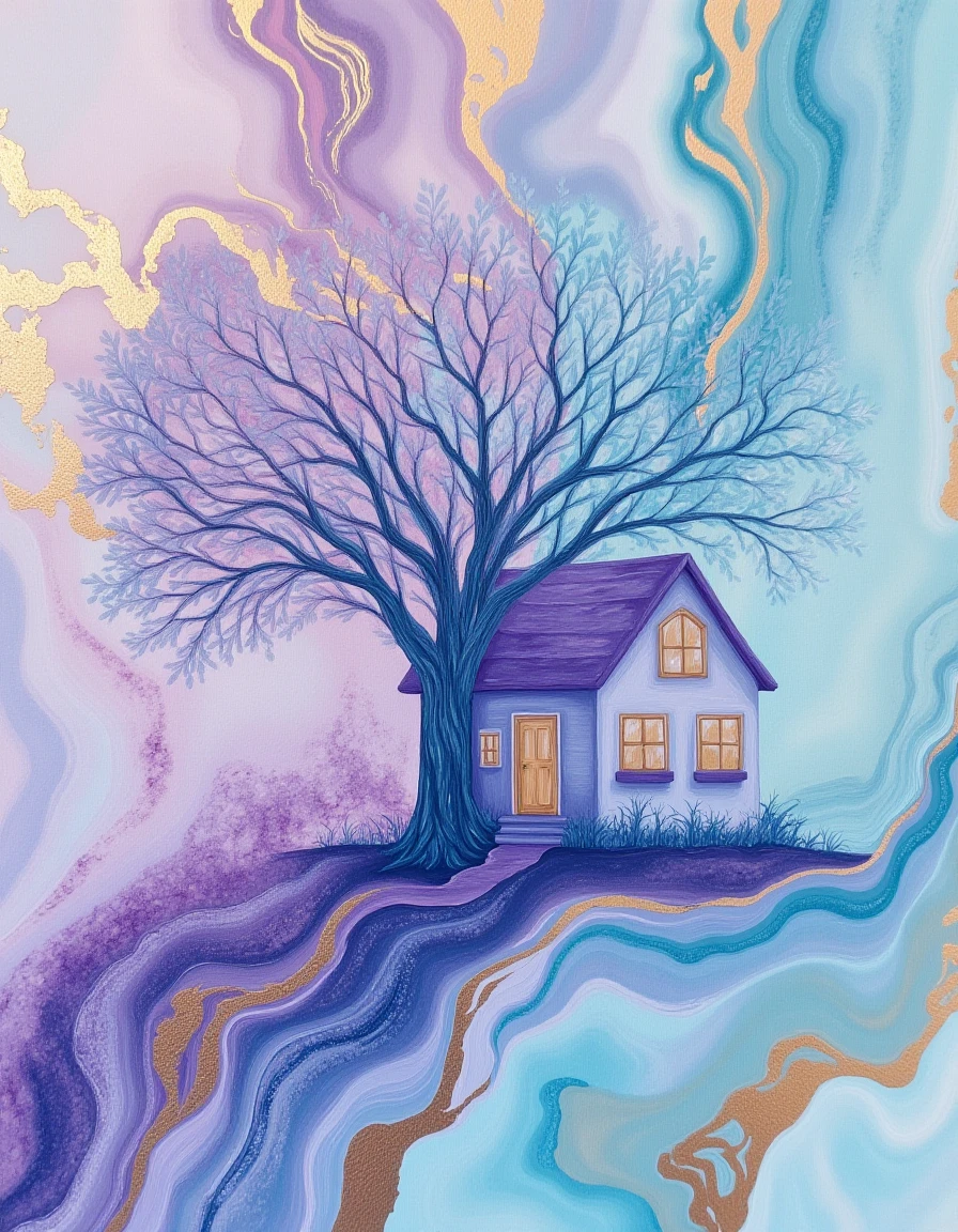 novuschroma painting of treehouse. Surrounded by light violet and alice blue marbled paint with gold accents. 