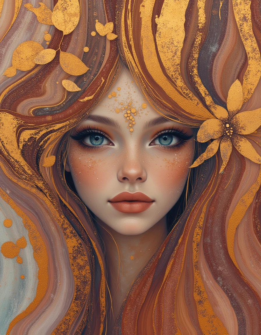 novuschroma painting of autumn dryad. Surrounded by chestnut marbled paint with gold accents.