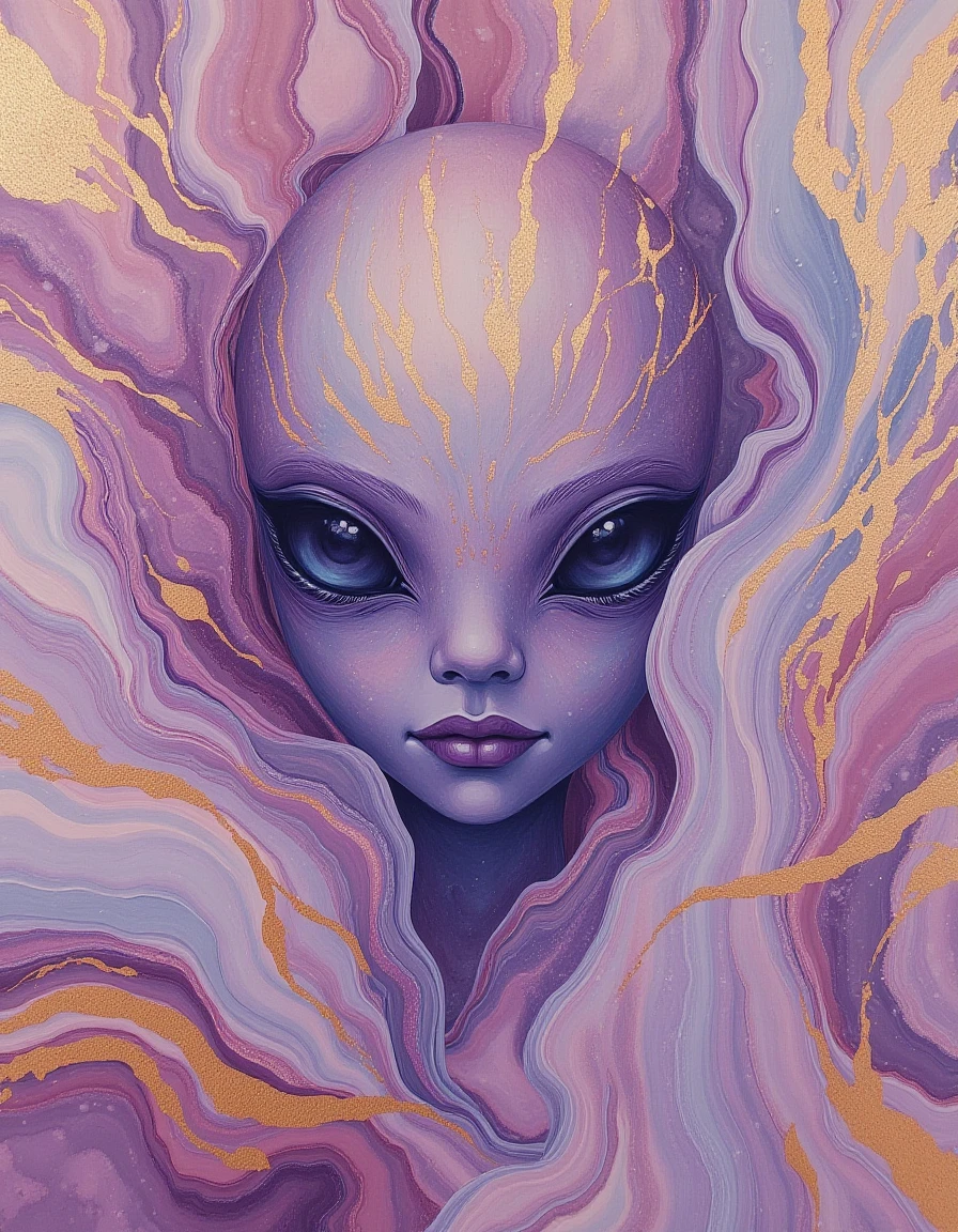 novuschroma painting of alien. Surrounded by mauve marbled paint with gold accents.