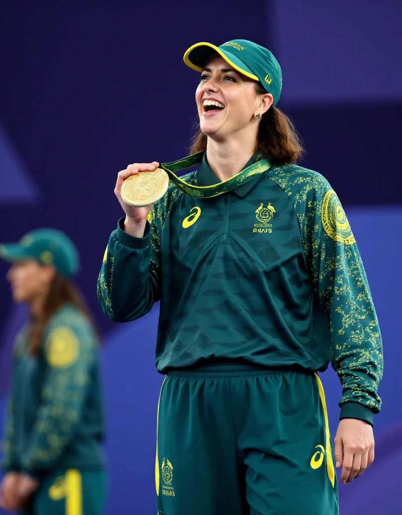 A woman wearing green baseball cap and a green tracksuit. She won and wears a huge gold medal at the paris 2024 olympics. She stands on the podium with her medal around her neck. Victorious  <lora:Raygun:0.9>