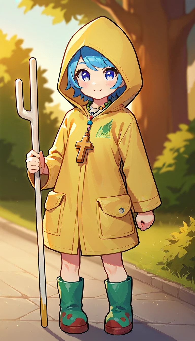 score_9,score_8_up,score_7_up,score_6_up BREAK official art,1girl,solo,outdoors,cowboy shot,looking at viewer,facing viewer,smile,blush,chibi,Luce,short hair,blue hair,swept bangs,blue eyes,jewelry,beads,cross necklace,hood up,yellow raincoat,white shirt,long sleeves,pocket,holding staff,rubber boots,green footwear,red footwear,<lora:Luce(jubilee_2025)-Pony:1.6>,