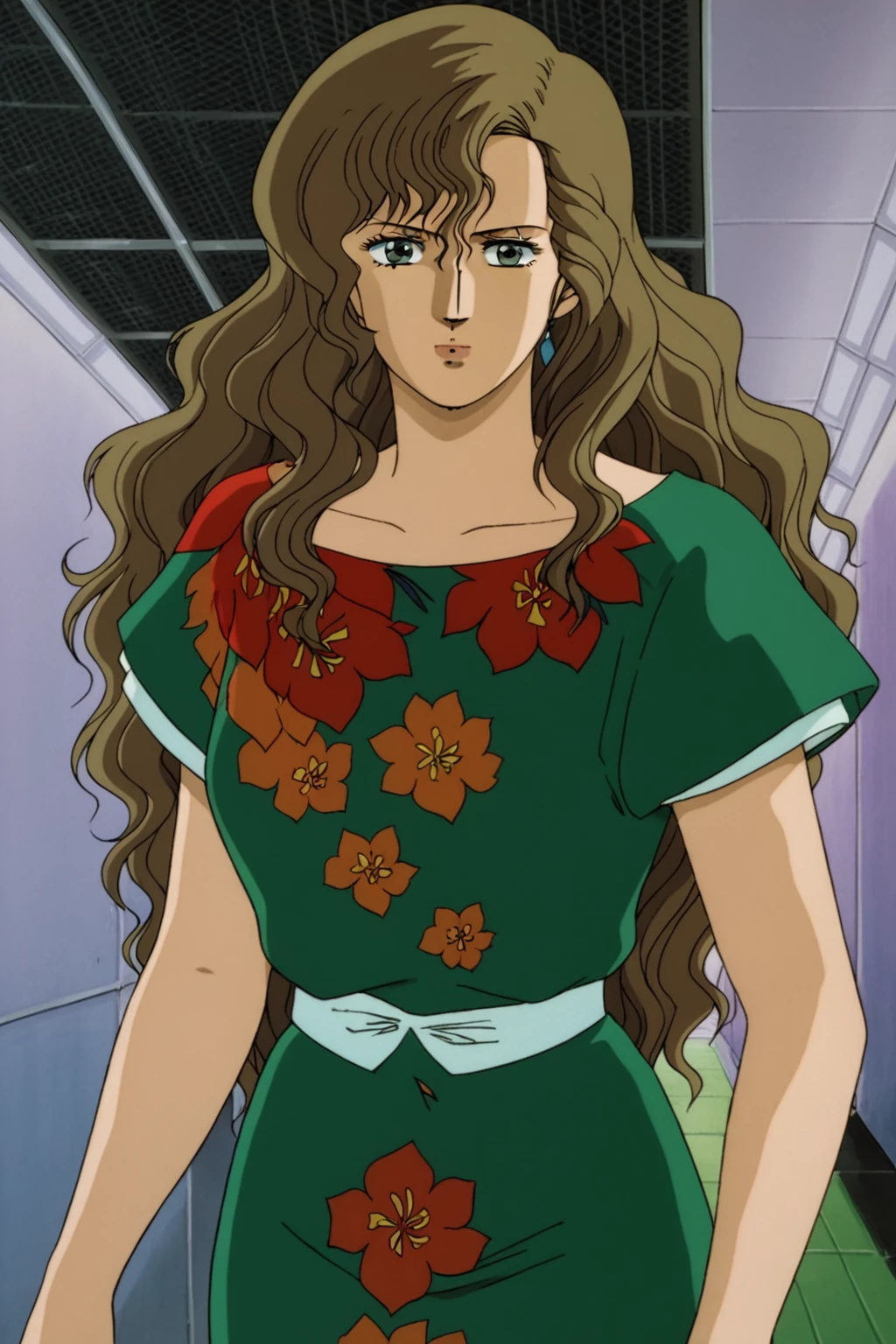 changelheart, 1girl, solo, green eyes, brown hair, wavy hair, long hair,  green dress, short sleeves, floral print, standing, cowboy shot, medium breasts, (looking at viewer:1.2), mature female, masterpiece, best quality, anime coloring, retro artstyle