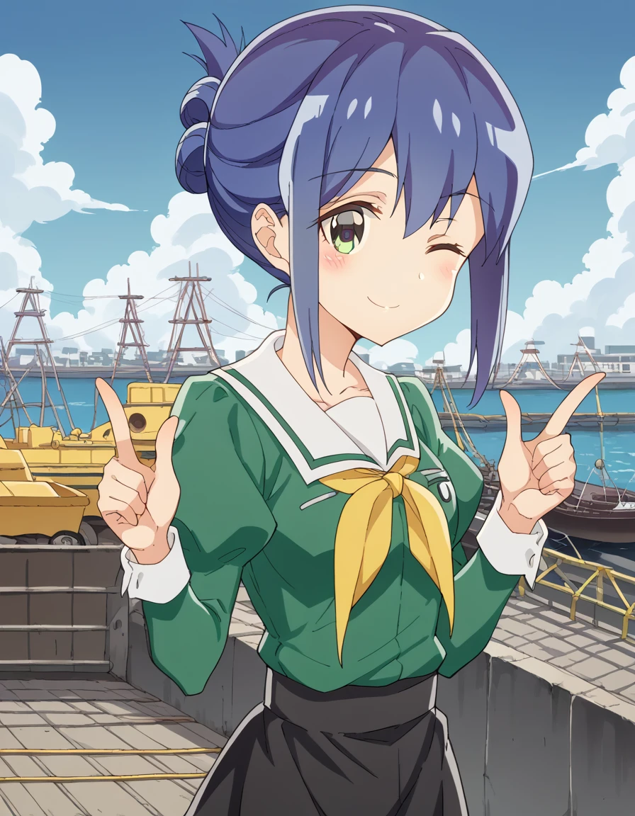 score_9, score_8_up, score_7_up, source_anime, <lora:kanoko-mamiya-s1-ponyxl-lora-nochekaiser:1>, kanoko mamiya, short hair, green eyes, blue hair, folded ponytail, sidelocks,, skirt, long sleeves, school uniform, puffy sleeves, neckerchief, green shirt, black skirt,, shipyard, boats, construction, metal, workers, smile, <lora:double-finger-gun-ponyxl-lora-nochekaiser:1>, double finger gun,, blush, smile, one eye closed, from side, looking at viewer, solo,, dutch angle, cowboy shot