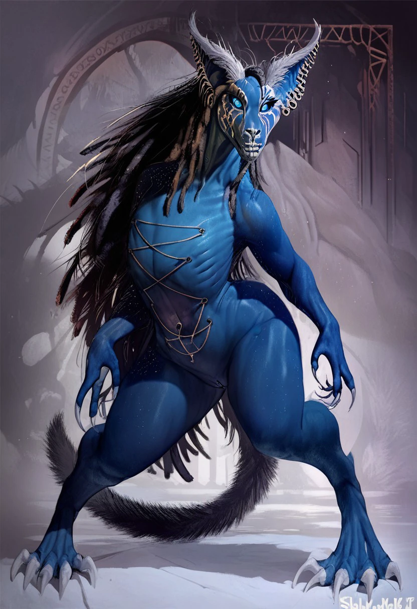 score_9, score_8_up, score_7_up, (source_furry), (rating_explicit), detailed fur, nude, solo, anthro, female, celiascxl, kivouackian, dreadlocks, piercing, blue body, claws, white lips, white eye markings, dark blue sclera, blue eyes,