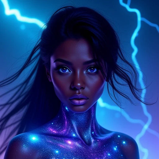 Haileigh, electric stormy night scene. The woman has a deep, with piercing blue eyes, and iridescent costume that glows with vibrant blue and purple hues, photorealistic CGI style, rich brown skin tone and striking, humanoid character with a deep blue, vibrant blue hue that contrasts with her bright, and his hair flows dramatically around his head in a stylized