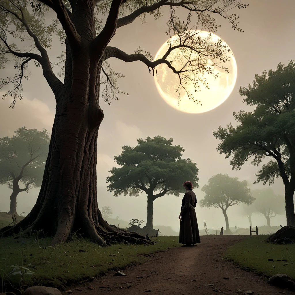 score_9, score_8_up, score_7_up freckled  Orianna standing under an ancient tree, the moon casting eerie shadows around her serene figure."