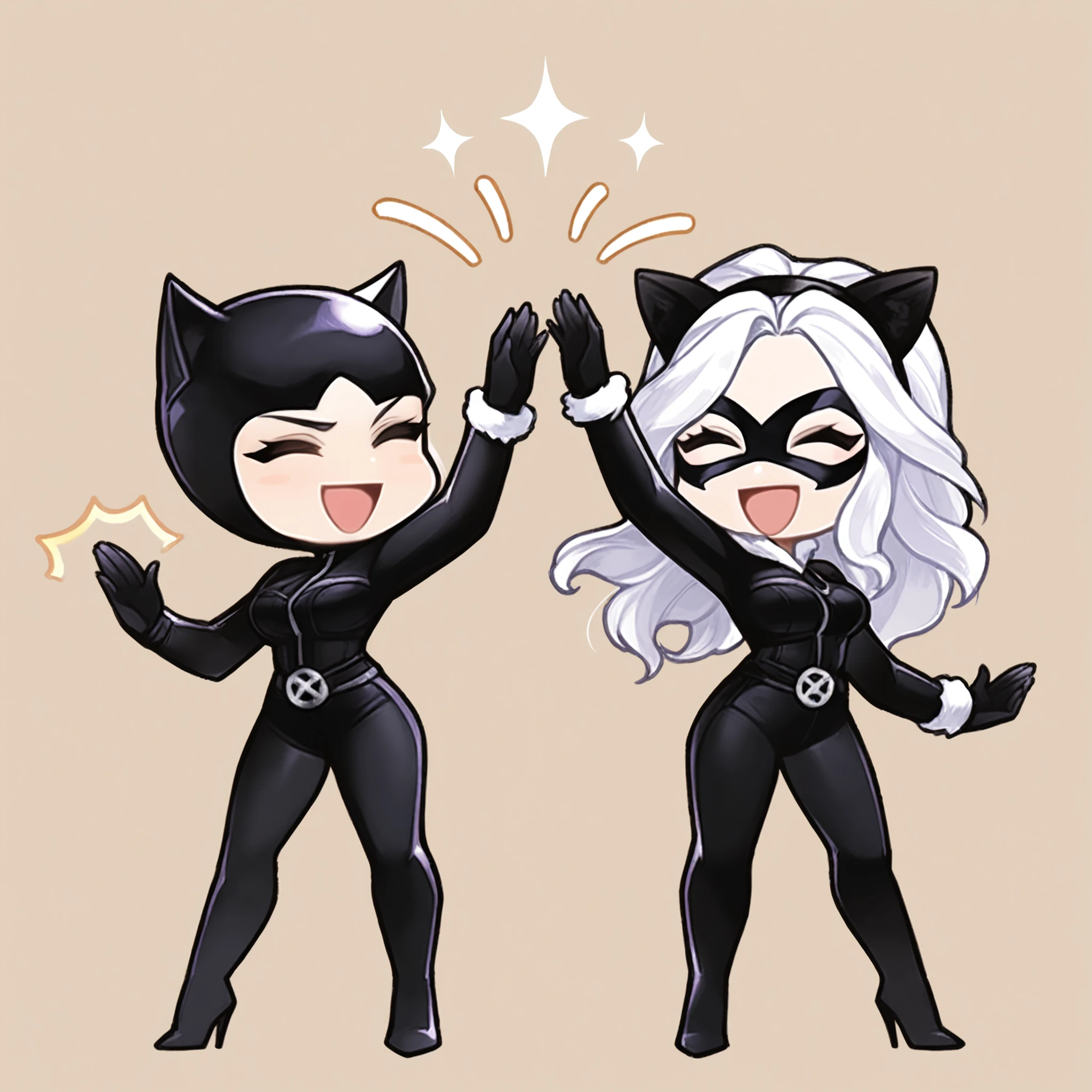 masterpiece, best quality, 2girls, high five, arm up, symmetry, chibi, full body, open mouth, smile, closed eyes, excited, sparkle, simple background, motion lines, ^^^, <lora:kingsstyle-illu-beta2-25:0.3>
BREAK 1girl, catwoman, black bodysuit, breasts, full body, standing, chibi, dc comics, arm up, legs apart, goggles on head, high heels, 
BREAK ,
BREAK 1girl, felicia hardy, black bodysuit, breasts, domino mask, standing, chibi, marvel, arm up, white hair, fake animal ears, hairband, cat ears, legs apart, fur trim, high heels,