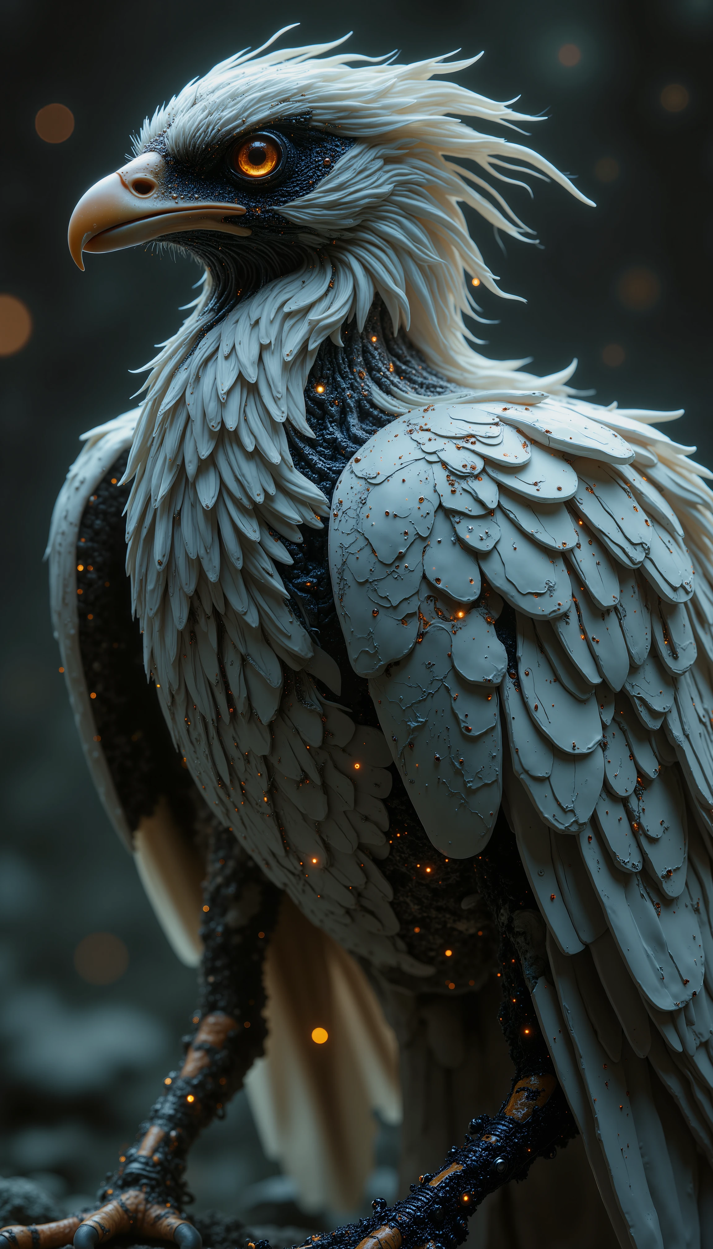 An image of a bird with cybernetic skin and implants.