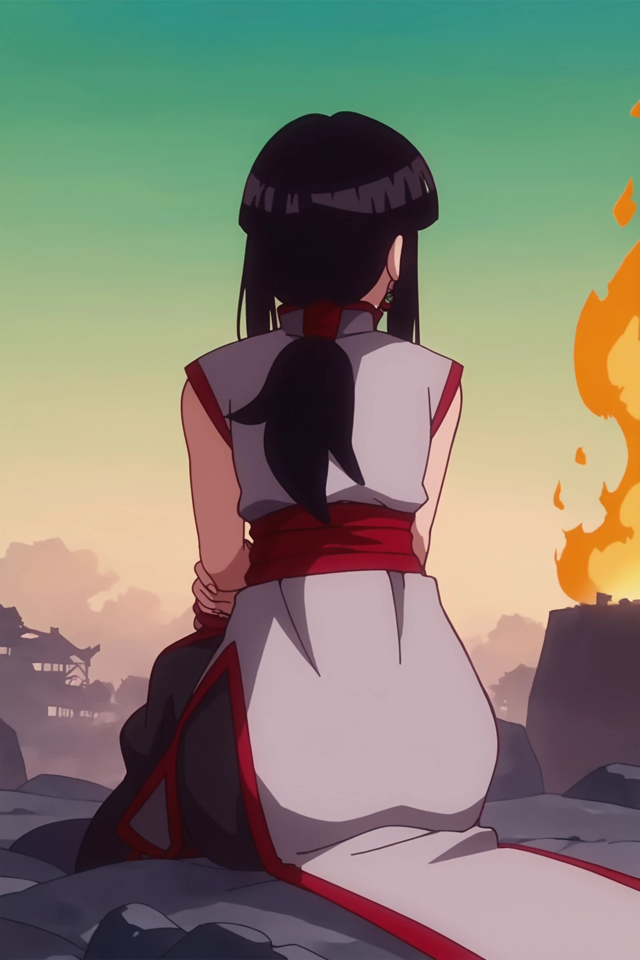 source_anime, score_9, score_8_up, score_7_up, anime screencap, absurdres, official style,
1girl, solo, long hair, black hair, sidelocks, ponytail, sleeveless dress, black dress, red trim, chinese clothes, china dress, red wristband, red sash, black pants, baggy pants, facing away, from behind, sitting, half-closed eyes, green sky, mountainous horizon, tree, fingernails, hand on own face, hand on lap, 
night sky, destruction, ruined city, smoke, fire, red theme
 <lora:chichiDBS_pony_v1:0.8>