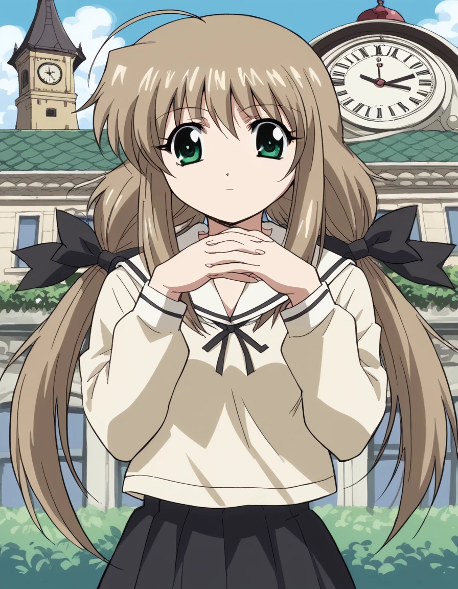 score_9, score_8_up, score_7_up, source_anime, <lora:sara-souju-shirogane-s1-ponyxl-lora-nochekaiser:1>, sara souju shirogane, long hair, ribbon, brown hair, green eyes, ahoge, twintails, low twintails, hair ribbon, medium breasts,, skirt, long sleeves, school uniform, serafuku,, clock tower, clock, height, landmark, hands, , <lora:gendou-pose-ponyxl-lora-nochekaiser:1>, gendou pose, own hands clasped, own hands together, parody,, looking at viewer, solo,, dutch angle, cowboy shot