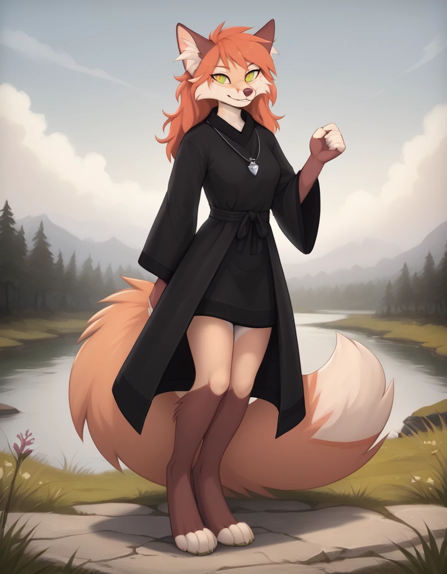 outdoors,detailed background,
Kiri,1girl,solo,animal ears,furry female,body fur,snout,animal nose,green eyes,tail,bangs,white fur,long hair,two-tone fur,orange hair,red hair,animal ear fluff,brown fur,fox ears,sidelocks,fox girl,yellow eyes,fox tail,
smile,parted lips,
full body,pose,
<lora:Kiri_v01_PDXL:1>,