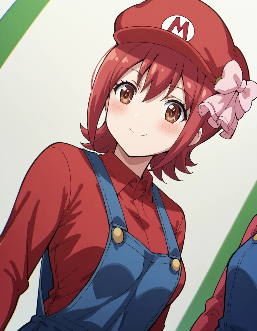 score_9, score_8_up, score_7_up, source_anime, <lora:yuho-mochizuki-s1-ponyxl-lora-nochekaiser:1>, yuho mochizuki, short hair, brown eyes, red hair, hair bow, bow, medium breasts,, <lora:mario-cosplay-ponyxl-lora-nochekaiser:1>, mariocosplay, mario (cosplay), blue overalls, overalls, shirt, red shirt, long sleeves, collared shirt, hat, red hat,, landscape, blush, smile, , dutch angle, cowboy shot