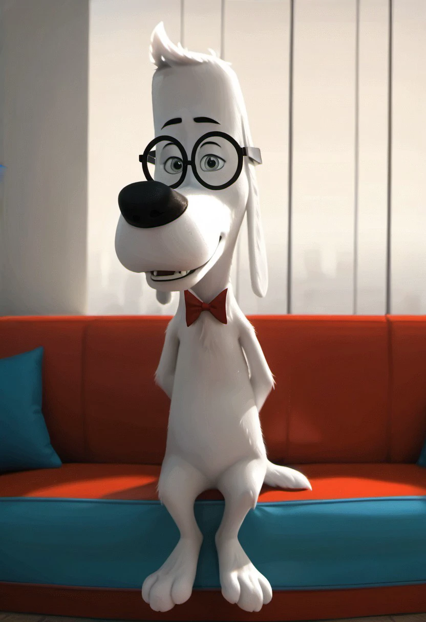 core_9, score_8_up, score_7_up, score_6_up, score_5_up, score_4_up, photorealistic, realistic, ((masterpiece)), furry, male, futanari, ((detailed face, detailed eyes)), solo, 1boi, living room background
BREAK
Mr Peabody, mr_peabody, white fur, anthropomorphic dog, long ears, floppy ears, dog ears, white hair, blue eyes, smiling, round glasses, red bowtie, sitting on couch
BREAK
<lora:add-detail-xl:1.5>