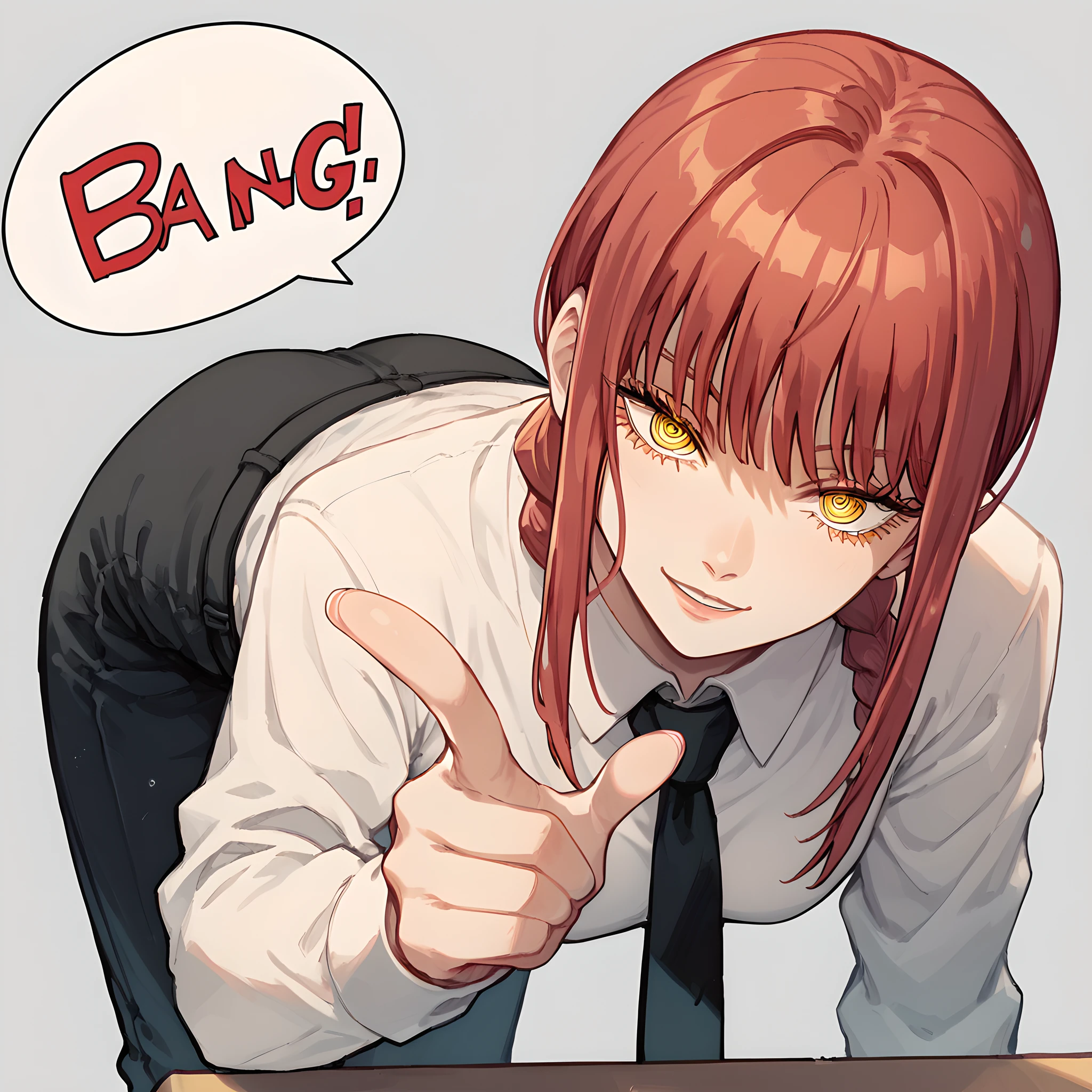 score_9, score_8_up, score_7_up, 1girls, solo, anime source, makima \(chainsaw man\), red hair, yellow eyes, finger gun, bang (gesture), bubble speech "BANG", bent over, dynamic angle, <lora:makima_offset:1> <lora:Finger_gun_Shooting_Bang_Pose_for_Pony:1>