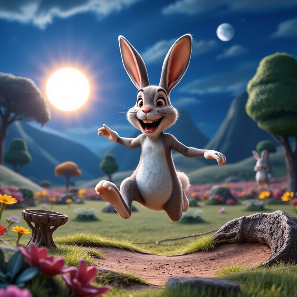 pixar 3d cartoon, happy rabbit jumping dancing in funny colorful landscape, sun lush

 quirky whimsical, , cinematic 18k film, art photo, night, realistic professional, snapshot, 


 diffuse light and shadows, reflections, art 
blue cold backlight. 