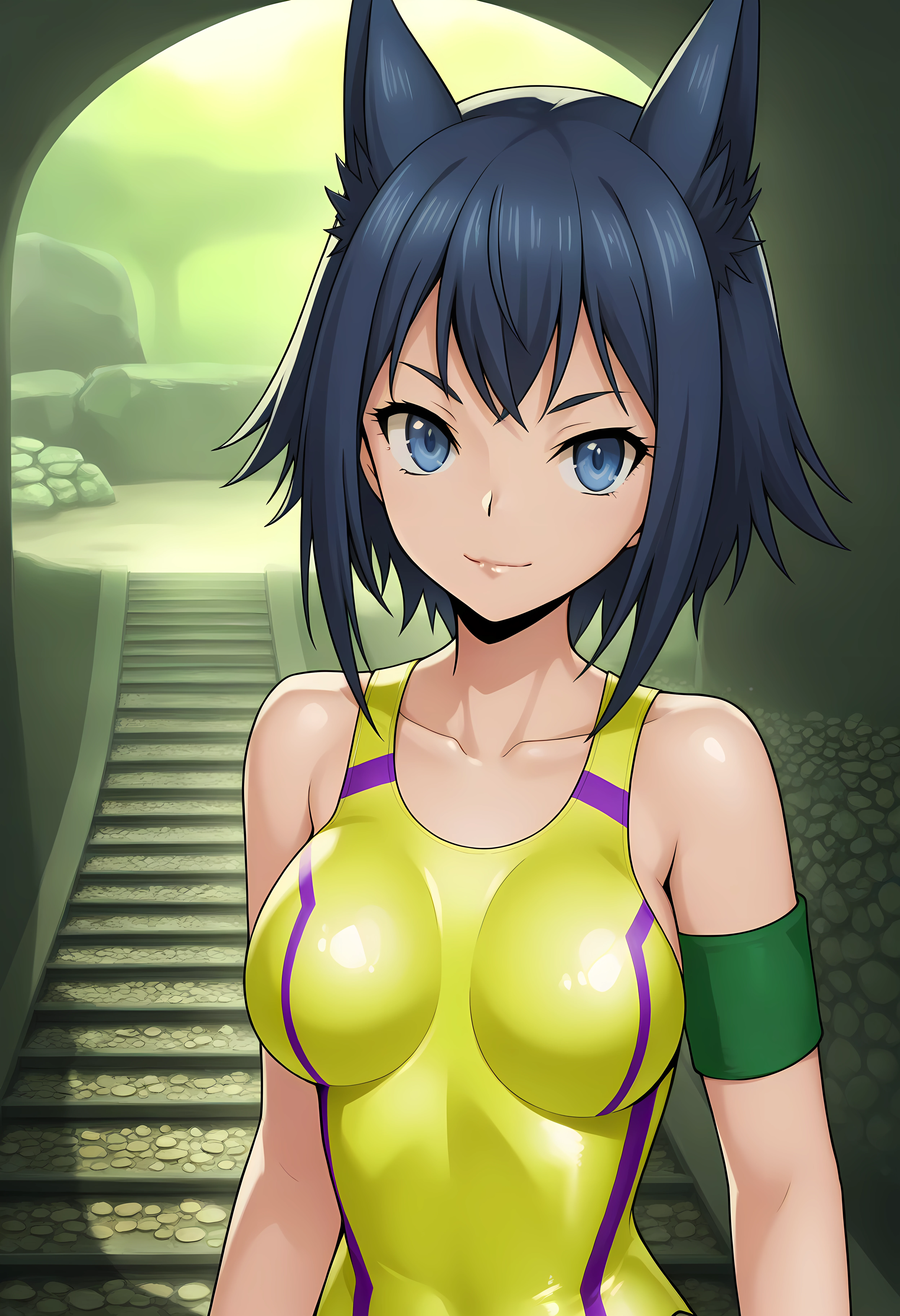 looking at viewer, shiny skin, upper body, light smile,ohwx, short_hair, blue_hair, 1girl, blue_eyes, breasts, black_hair, animal_ears, medium_breasts, long_hair, large_breasts,swimsuit, one-piece_swimsuit, yellow_one-piece_swimsuit, competition_swimsuit, armband, Pathway through a Japanese zen garden with moss-covered stones, raked gravel, and soft lighting,<lora:rin_rokudou_illustrious_sobsynapse-000002:1>