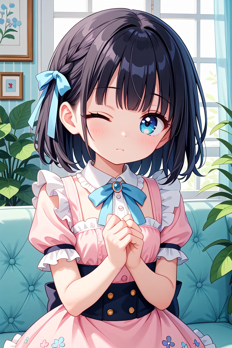 newest, masterpiece, best quality
BREAK
score_9, score_8_up, score_7_up, score_6_up, score_5_up, score_4_up
BREAK
cute round face, slender, kawaii, ultra cute girl, ultra cute face, ultra detailed eyes, ultra detailed hair, ultra beautiful,
1girl, solo,
Intricate details, Extremely detailed, Outstanding intricacies, Absurdres absolutely resolution, Serene atmosphere,
(Portrait, Face focus, shooting from front:1.2),
expressionless, closed mouth, Looking at viewer, one eye closed,
medium hair, black hair,
White ruffled blouse, saxe-blue ribbon tie, short ruffled sleeves and long layerd skirt,
Fashionable cafe living room, Decorative plants, Pastel cute sofa, Pastel cute curtains, Pastel cute wallpaper
<lora:wink1_right_xl_v10:1>