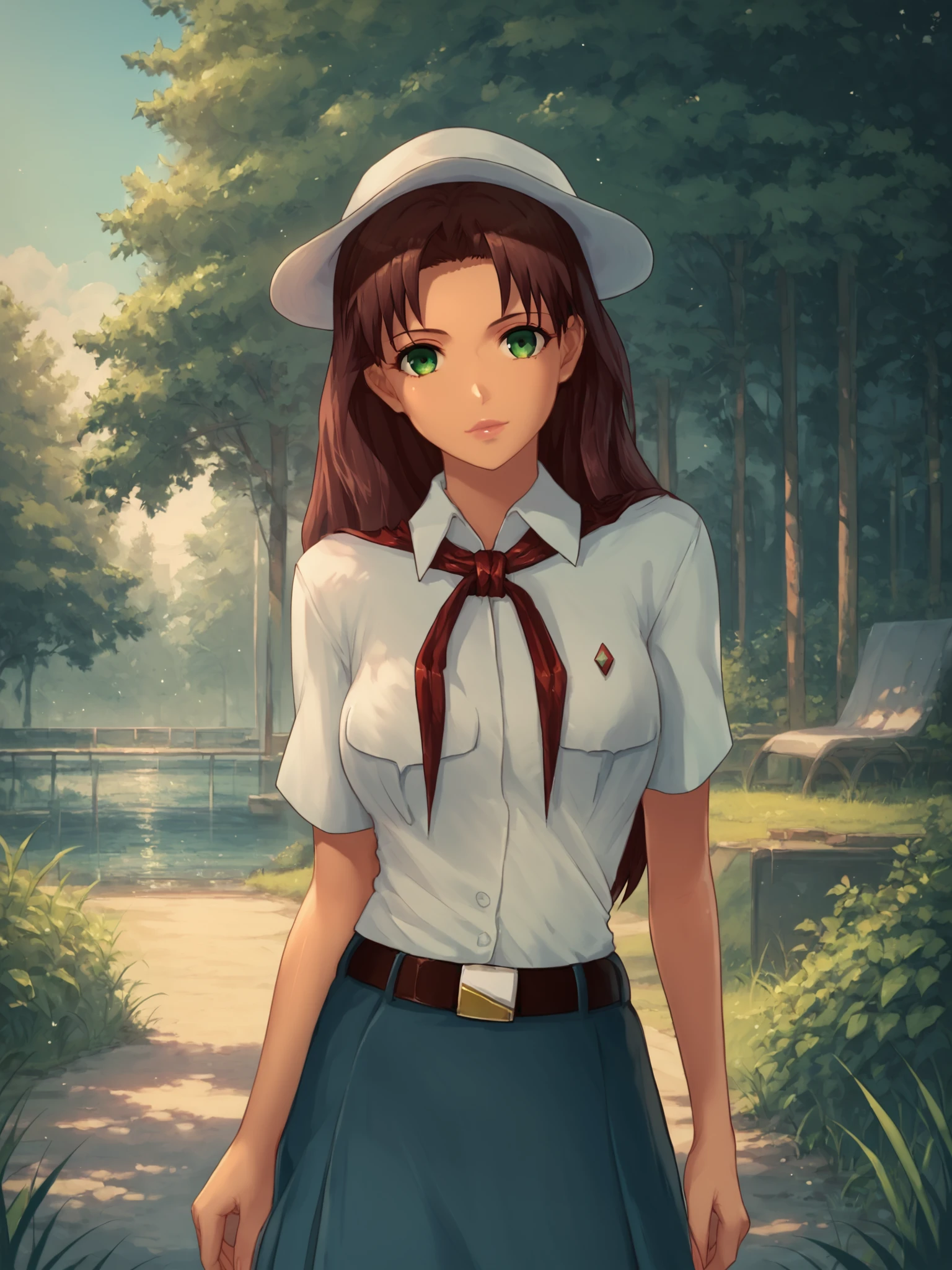 <lora:Everlasting_Summer:1>,safe_pos, score_9, score_8_up, score_7_up,score_6_up,olga,everlasting summer,long hair,brown hair,1girl,solo,green eyes,looking at viewer,looking at viewer,outdoors,belt,skirt,shirt,hat