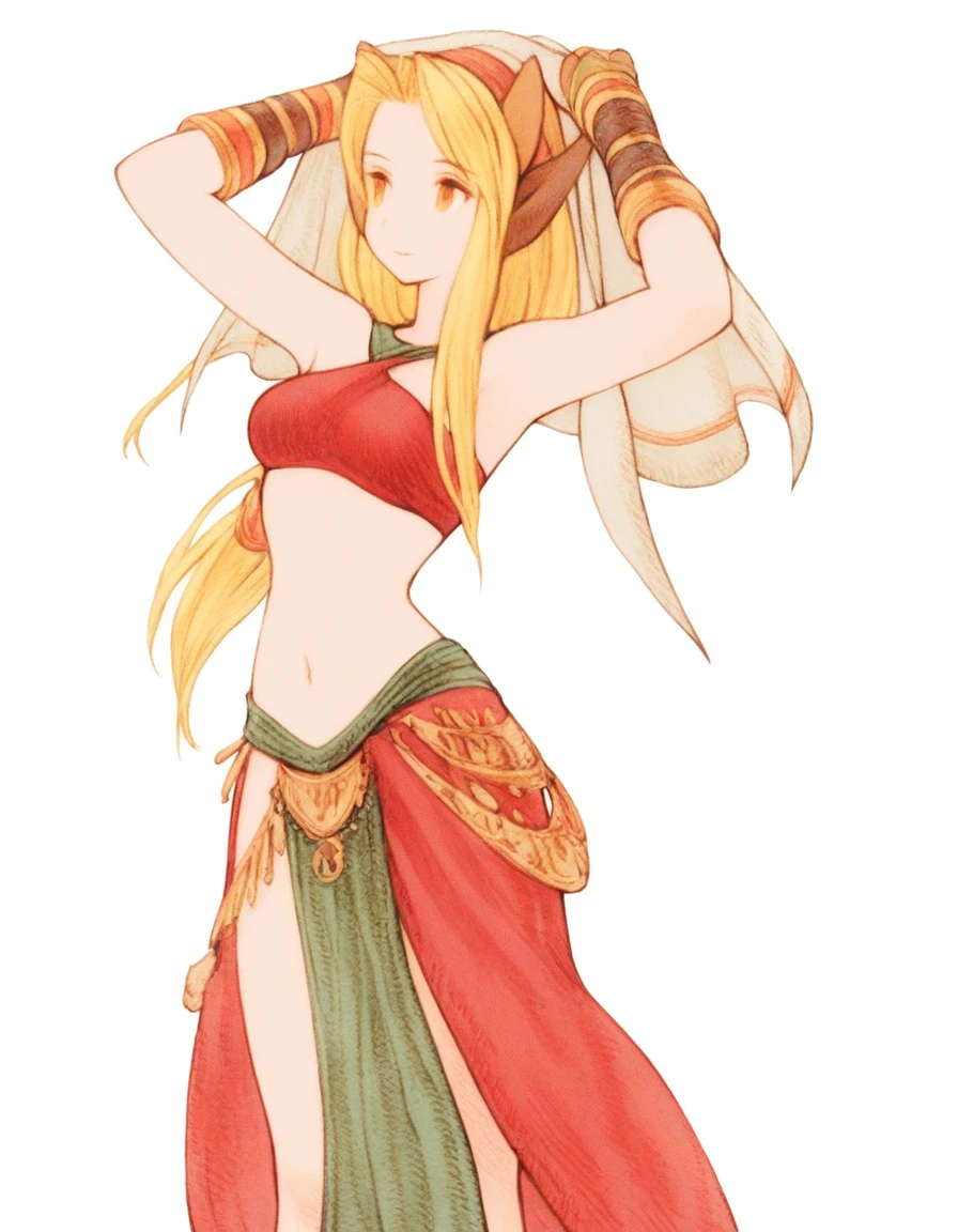 masterpiece, female <lora:Final_Fantasy_Tactics_for_Illustrious:1> fft_style, rpg hero, <lora:Dancer_XL:0.7> dancer, arabian dancer garments, veil on waist, normal ears, dancing