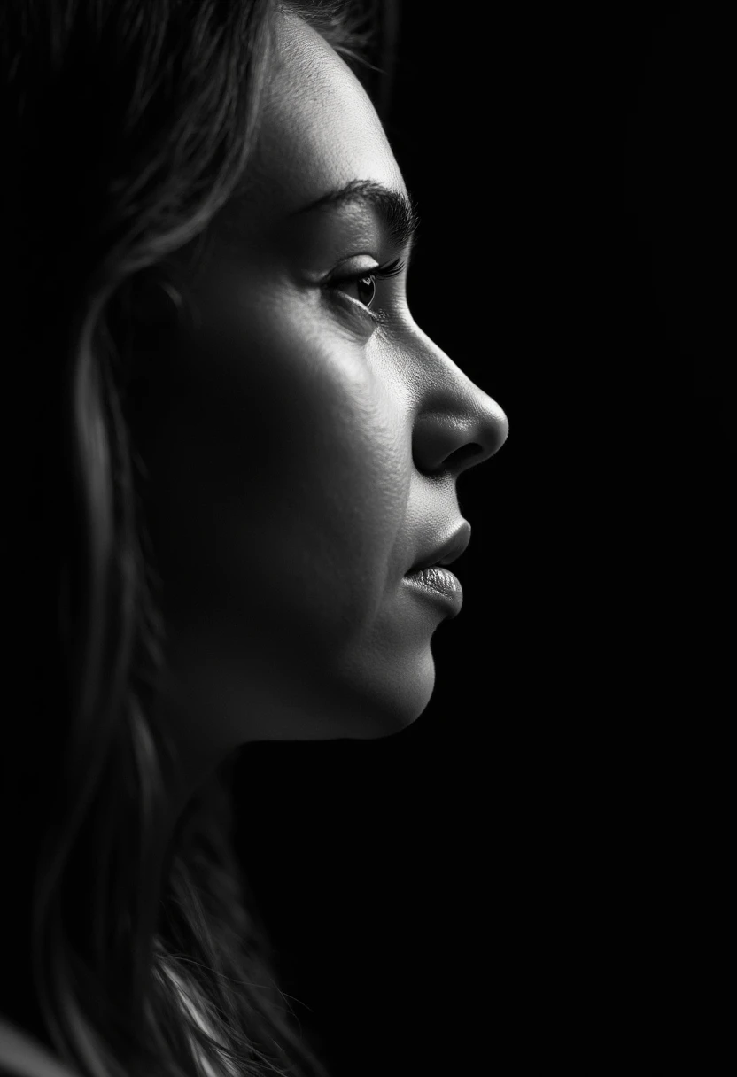 a black and white face profile photo of samanthabeart, a woman. The background is black.