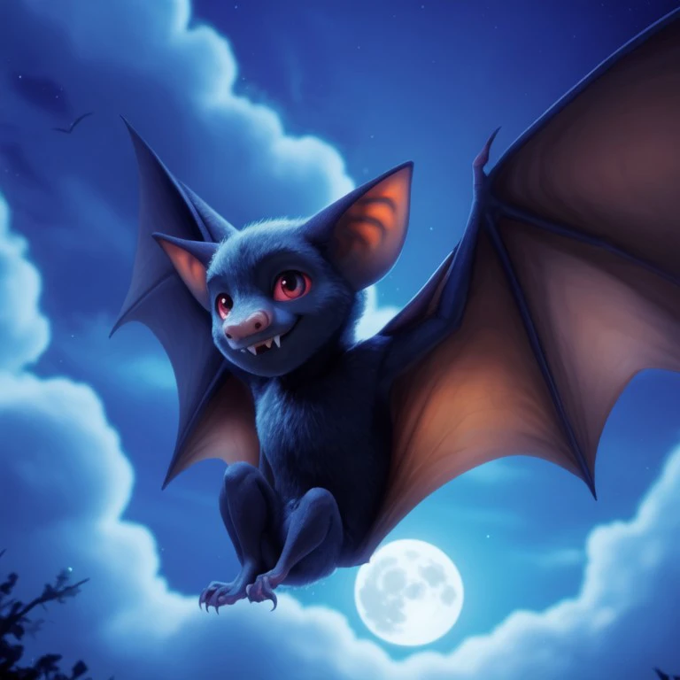 solo, male, batdrac, vampire bat, black fur, membranous wings, fangs, pink sclera, red eyes, colored sclera, smile, full-length portrait, flying, spread wings, tiny feet, body fur, glowing outline, backlighting, full moon, night, starry sky, cloudy sky, half-closed eyes, looking at viewer, masterpiece, extreme detail, perfect lighting, cgi, chibi, tiny body