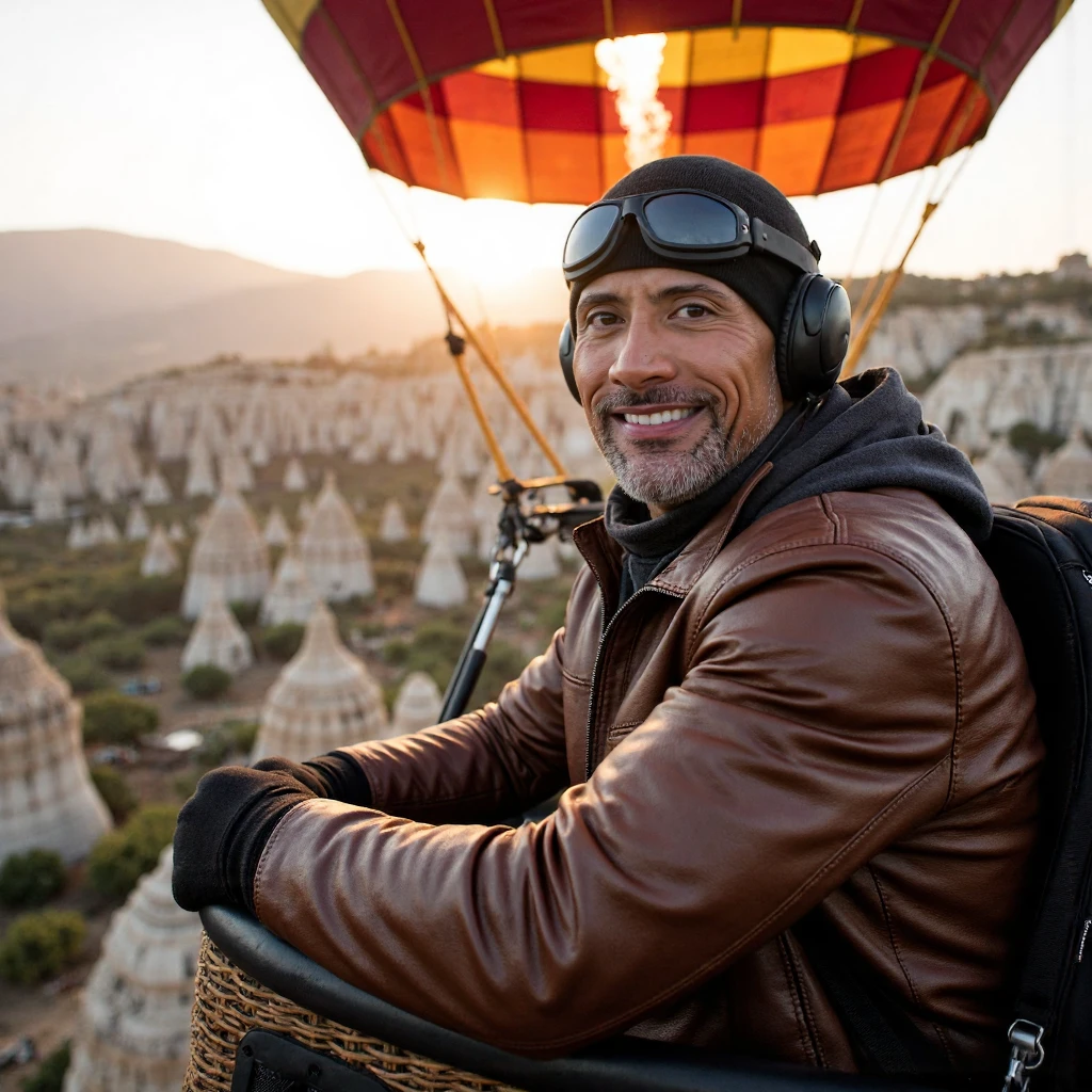 photograph of smiling bald ohwx man piloting a hot air balloon over the picturesque valleys of Cappadocia at sunrise. He wears aviator goggles, a warm leather jacket, and gloves to protect against the chill at altitude. The balloon's vibrant patchwork fabric contrasts against the golden light of dawn. Below, surreal rock formations and cave dwellings pepper the landscape. His expression is one of wonder and freedom as he soars among the clouds<segment:yolo-face_yolov9c.pt,0.7,0.5//cid=2>photograph of smiling bald ohwx man