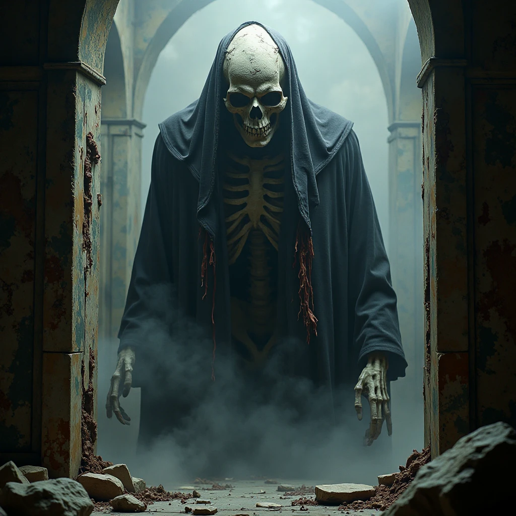 skeleton emerging from a marble crypt, shrouded in mist. Rustic, shredded rags hanging from its bones.

nghtmrCE_Style