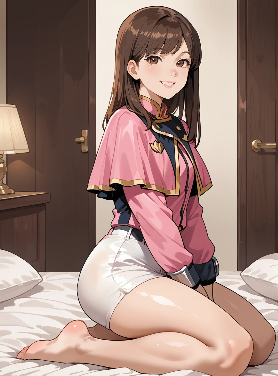 score_9, score_8_up, score_7_up, score_6_up, source_anime, anime screencap, anime coloring, thick thighs,, ((shiny skin)), thick thighs, <lora:SayoOharu:0.8>sayooharu, 1girl, solo, brown hair, long hair, smile, shorts, uniform, capelet, brown eyes, white shorts kneeling from side looking at viewer,