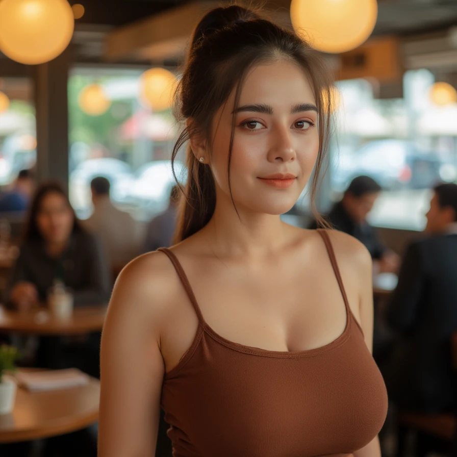 (A cinematic shot of <lora:ASMR_Wan:1> a young woman with a light to medium skin tone. a stunning female model, ponytail hair, makeup and mascara. She is wearing a modest brown dress, standing in cafe looking at the viewer)